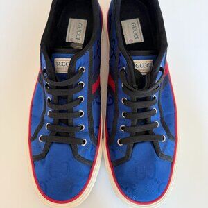 Gucci Tennis 1977 Low-Top Sneaker, Size 13, Blue and red GG canvas